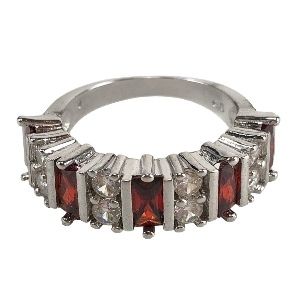 Ring Size 8.5 Red Stones Silver Plated